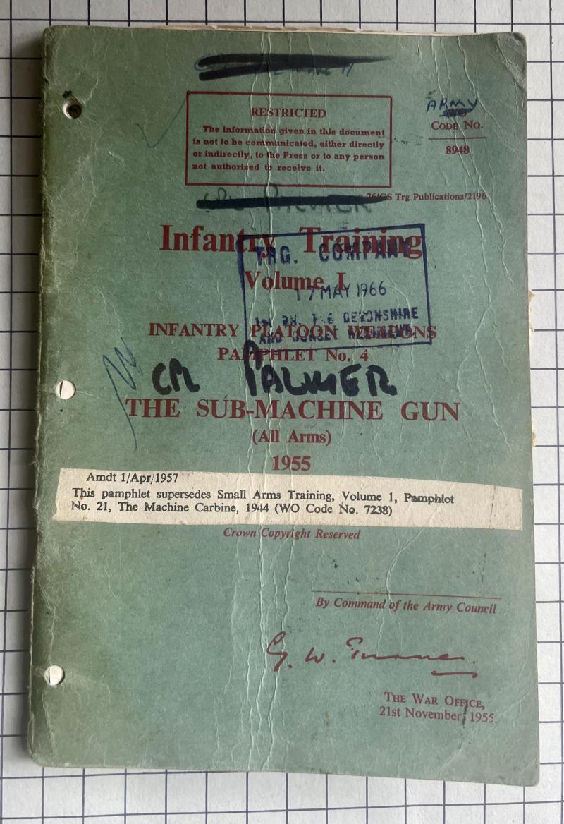 British 1955 Sub-Machine Gun (SMG) Pamphlet Manual Devon & Dorsetshire Regiment Trg Wg