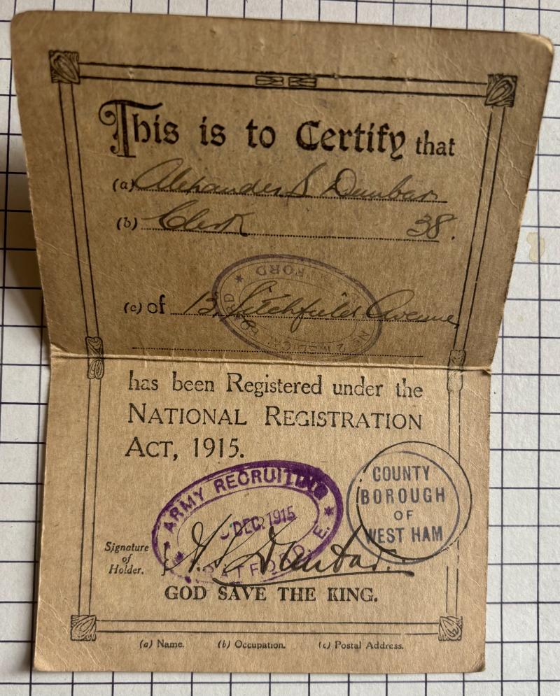 c1915 WW1 British National Registration Card Act Great War British Identity Card Alexander S Dunbar