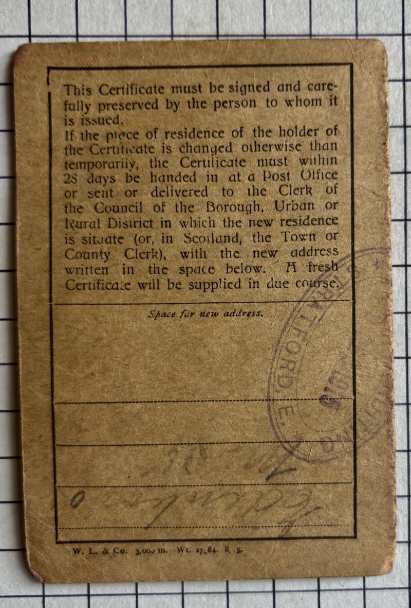 c1915 WW1 British National Registration Card Act Great War British Identity Card Alexander S Dunbar