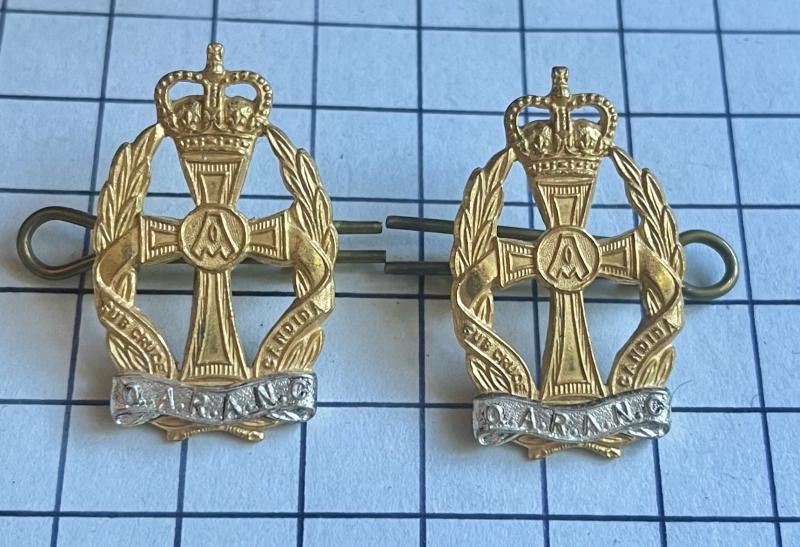 Post 1952 Gaunt Queen Alexandra's Royal Army Nursing Corps (QARANC) Officer Sil Plate and Gilt Pair of Collar Badges