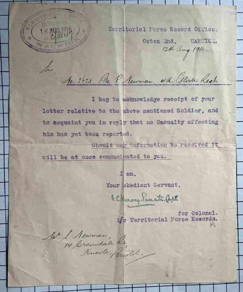 cWW1 Great War 4th Gloucestershire Regiment Bristol Casualty Letter Ephemera