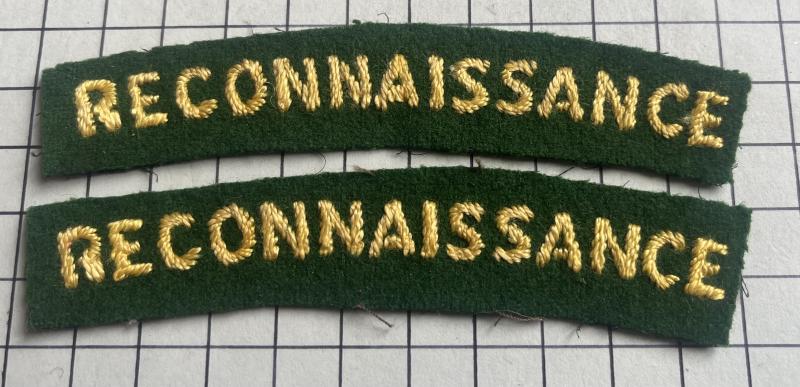 cWW2 Pr of British Reconnaissance Corps Cloth Shoulder Title Cloth Badges
