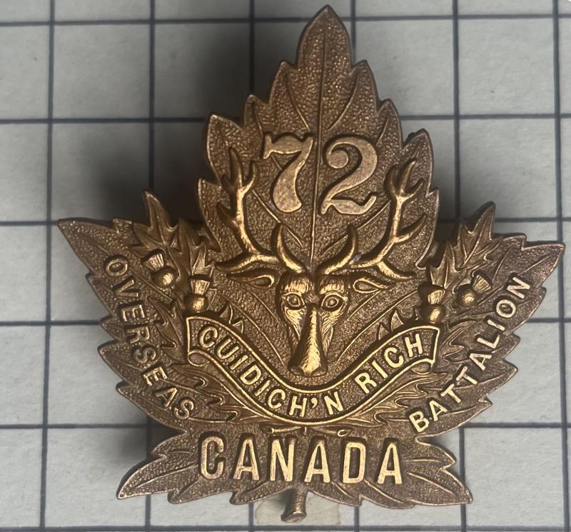 cWW1 Canada 72nd Bn (Seaforth Highlanders) CEF Cap Badge