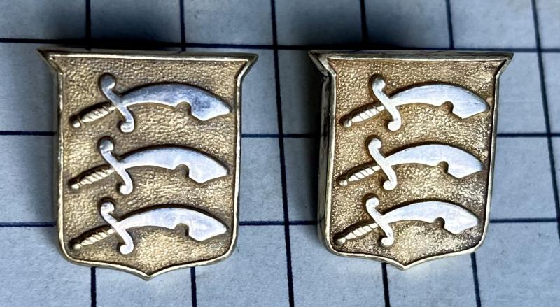 Pair of Essex Regiment Officer's Shield Pattern Silver and Gilt Collar Badges
