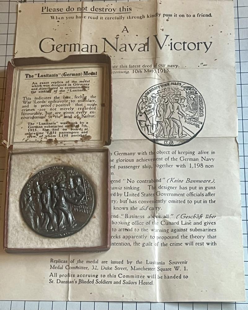 cWW1 RMS Lusitania Medal Boxed with Certificate Complete