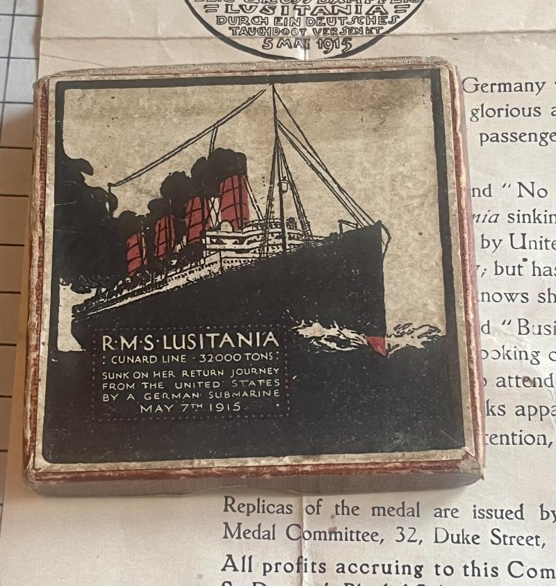 cWW1 RMS Lusitania Medal Boxed with Certificate Complete