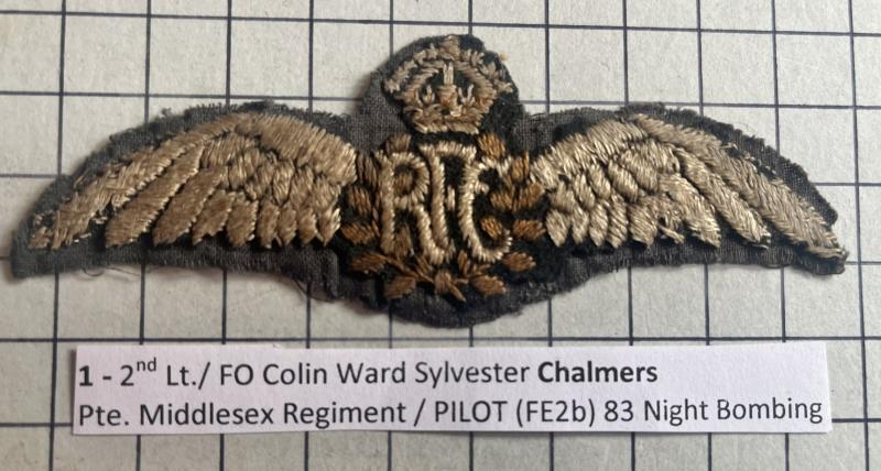 cWW1 Royal Flying Corps (RFC) Attributed Pilot Cloth Wing CHALMERS ex Middx Regt