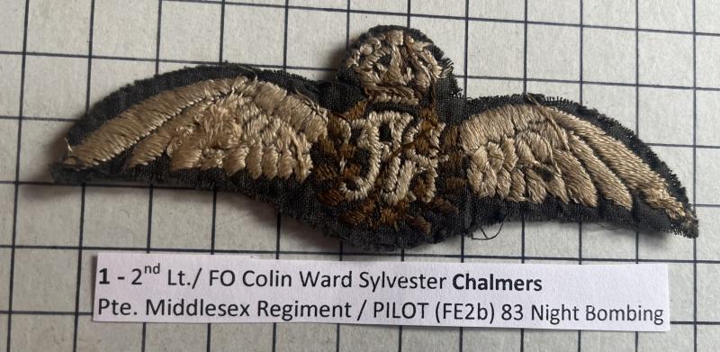 cWW1 Royal Flying Corps (RFC) Attributed Pilot Cloth Wing CHALMERS ex Middx Regt