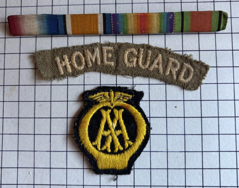 cWW2 Automobile Association (AA) Cloth Home Guard (HG) Arm Patch Shoulder Title WW1 Medal Ribbons & Mufti / Sweetheart Badge