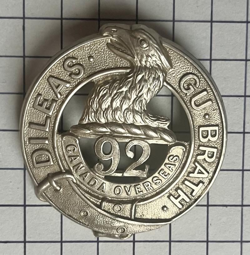 cWW1 Canadian 92nd (48th Toronto Highlanders) Bn Canada Expeditionary Force (CEF) Tiptaft Glengarry Cap Badge
