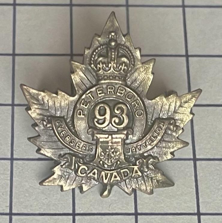 WW1 93rd Peterboro Overseas Battalion of Canada Canadian Expeditionary Force (CEF) Collar Badge