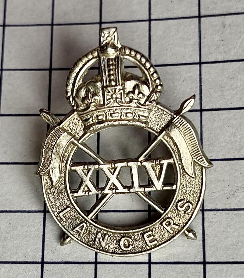 c1940-44 WW2 24th Lancers Regiment War Raised Cavalry White Metal Cap Badge