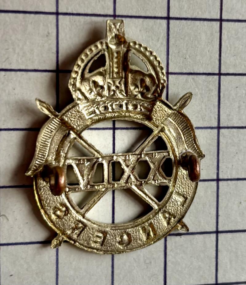 c1940-44 WW2 24th Lancers Regiment War Raised Cavalry White Metal Cap Badge