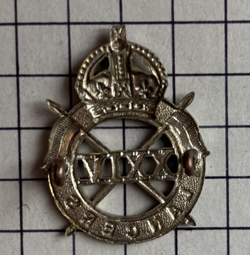 c1940-44 WW2 24th Lancers Regiment War Raised Cavalry White Metal Cap Badge